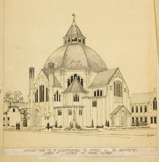 Tekening van de St.-Laurentiuskerk in Dongen van Jos Cuypers (NAI)